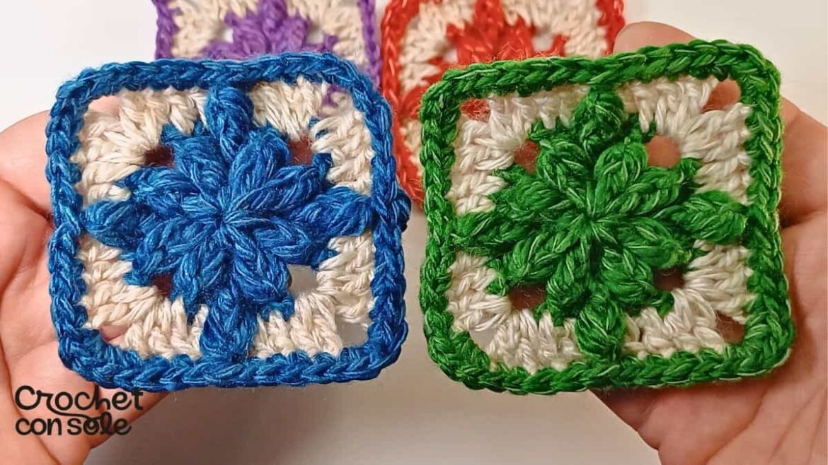 Cuadrado a crochet con relieve en forma de gotas