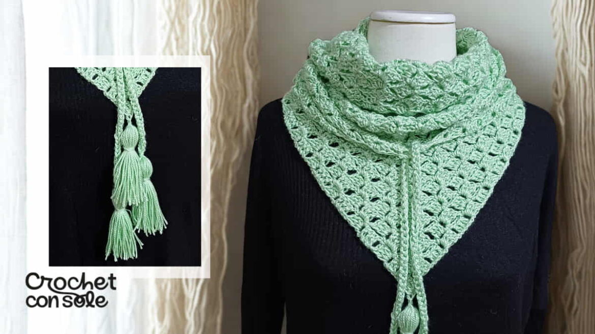 Chal a crochet fácil con borlas y cordones